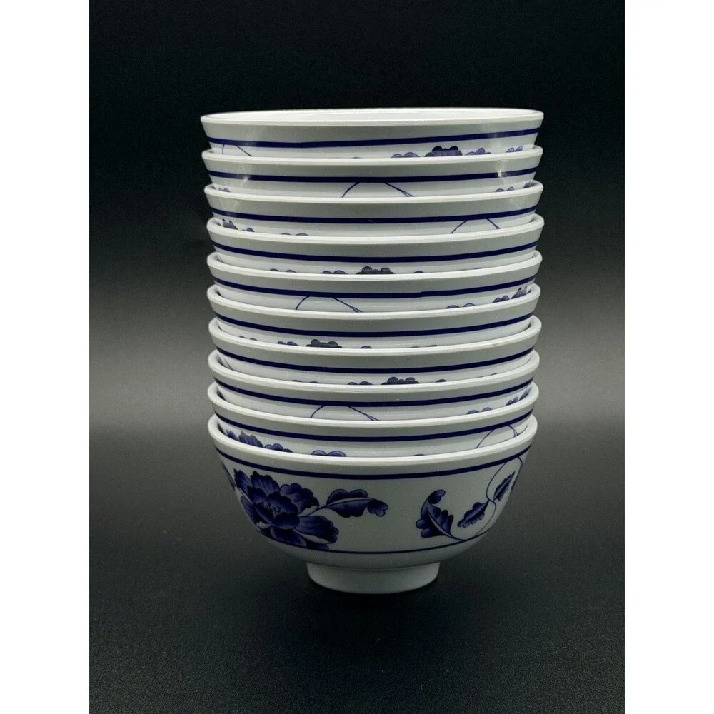 Set of 10 Tai-Hong Melamine Bowls Blue White Lotus Flower Chinese Stackable
